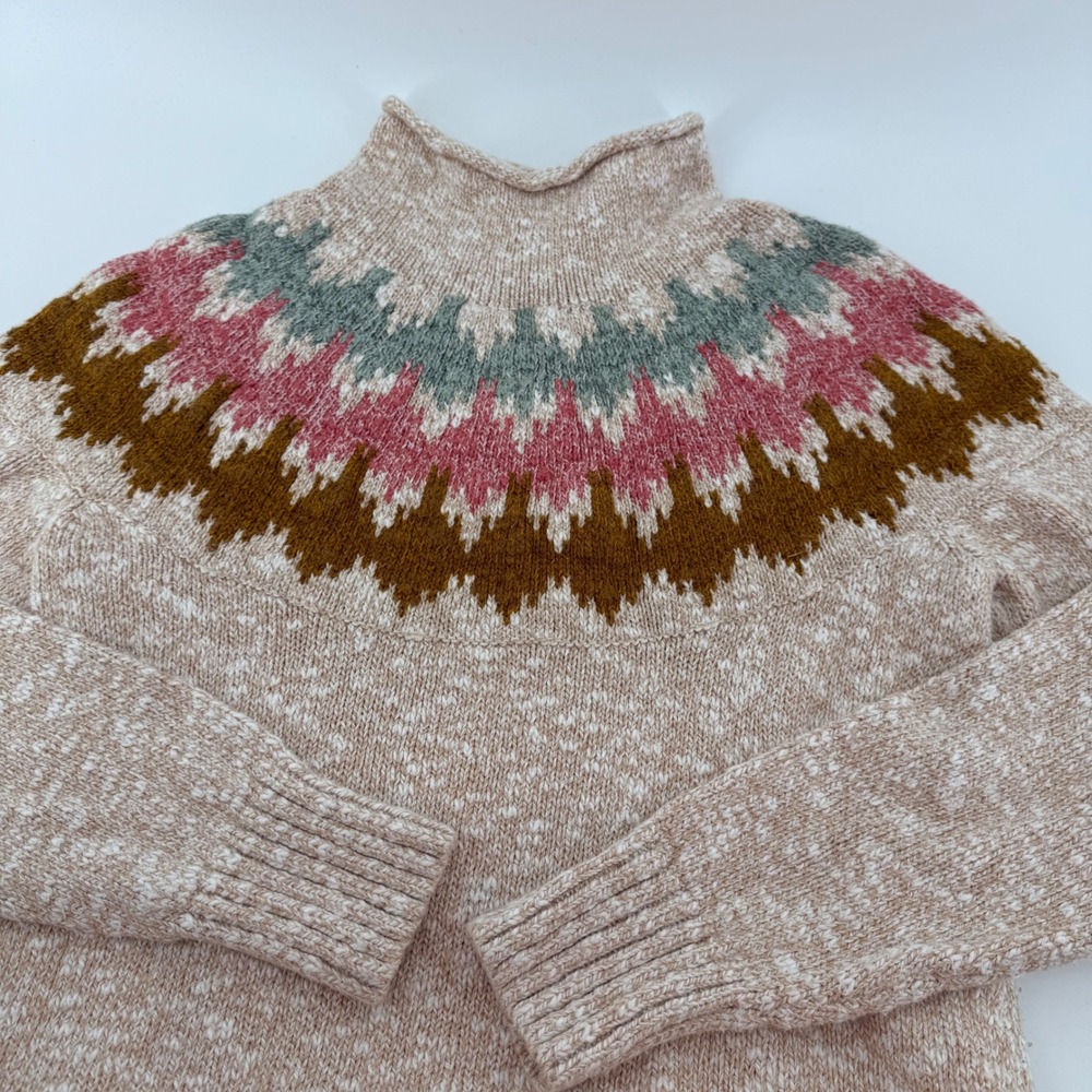 LL Bean Womens Fair Isle Mock Neck Cotton Sweater Tan Pink Green 510902 Small